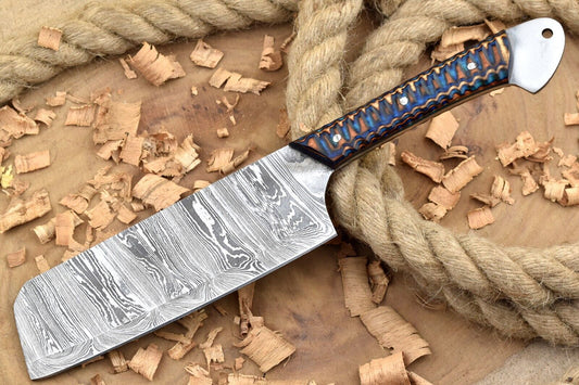 Custom Handmade Forged Damascus Steel Kitchen Chef Knife with Blue & Brown Dollar Handle and Leather Sheath