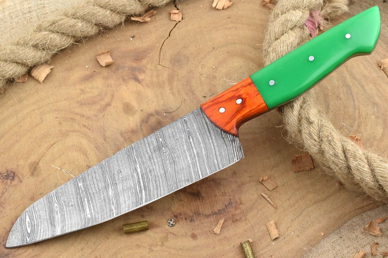 Custom Handmade Forged Damascus Steel Kitchen Chef Knife with Green Resin Handle