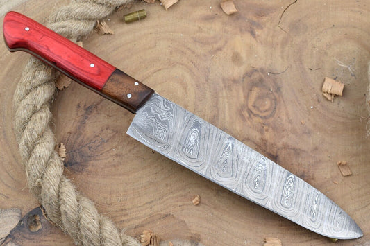 Custom Handmade Forged Damascus Steel Kitchen Chef Knife with Red Dollar Sheet & Rose Wood Handle
