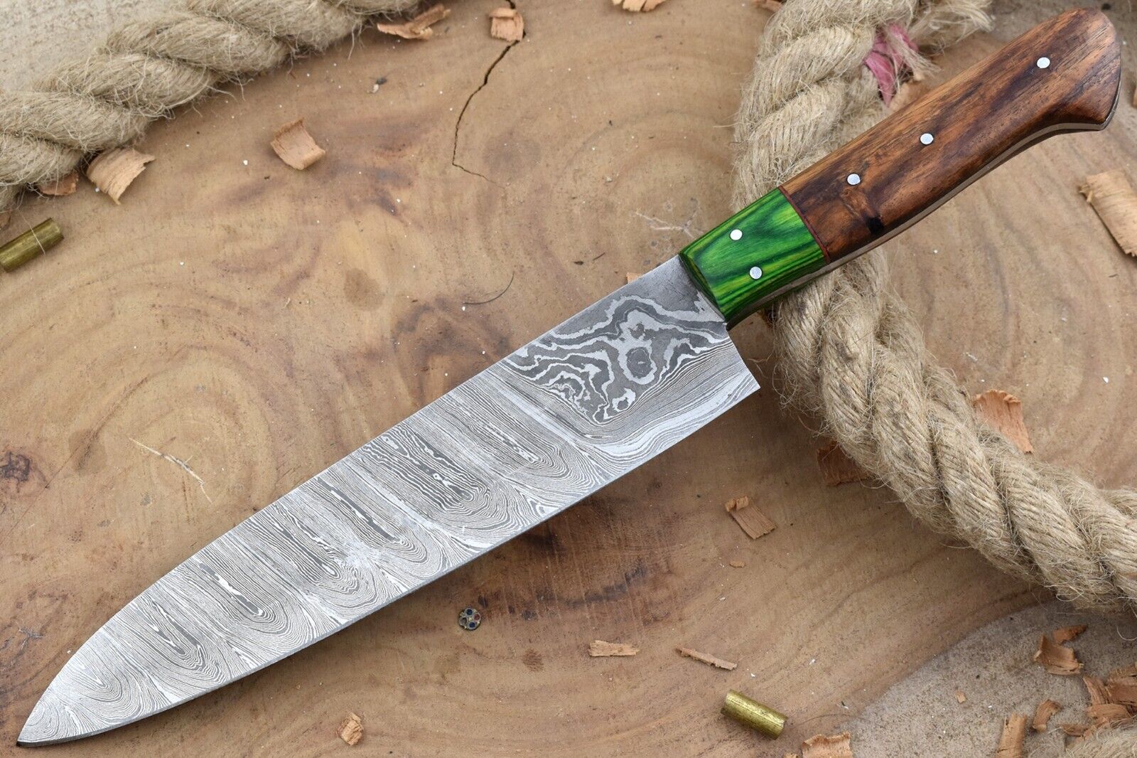 Custom Handmade Forged Damascus Steel Kitchen Chef Knife with Rose Wood Handle