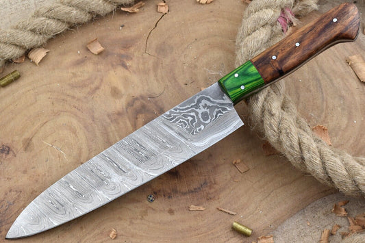 Custom Handmade Forged Damascus Steel Kitchen Chef Knife with Rose Wood Handle