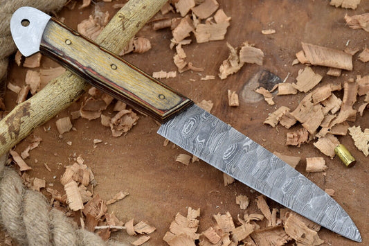 Custom Handmade Forged Damascus Steel Kitchen Chef Knife with Yellow & Red Dollar Sheet Handle