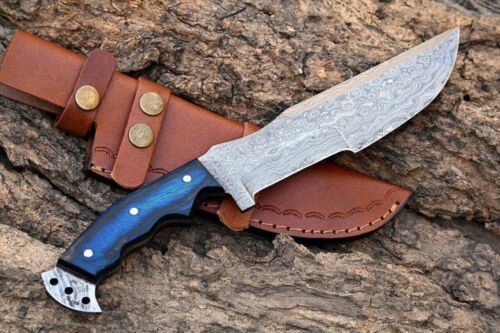 Custom Handmade Forged Damascus Steel Tracker Hunting Camping Knife – 12" Full Tang Fixed Blade with Micarta Handle & Leather Sheath