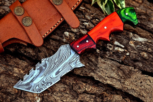 Custom Handmade Forged Damascus Steel Tracker Knife – 8" Hunting, Camping & Survival EDC with Wood Handle + Leather Sheath
