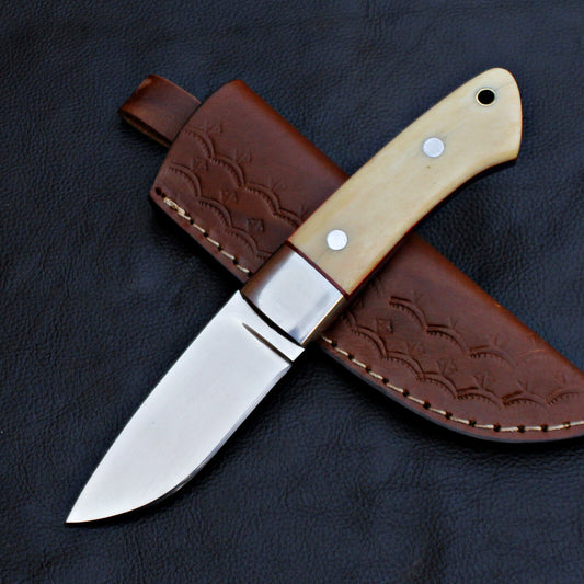 Custom Handmade Full Tang D2 Steel High Polish Skinner Knife | Hunting & EDC with Leather Sheath