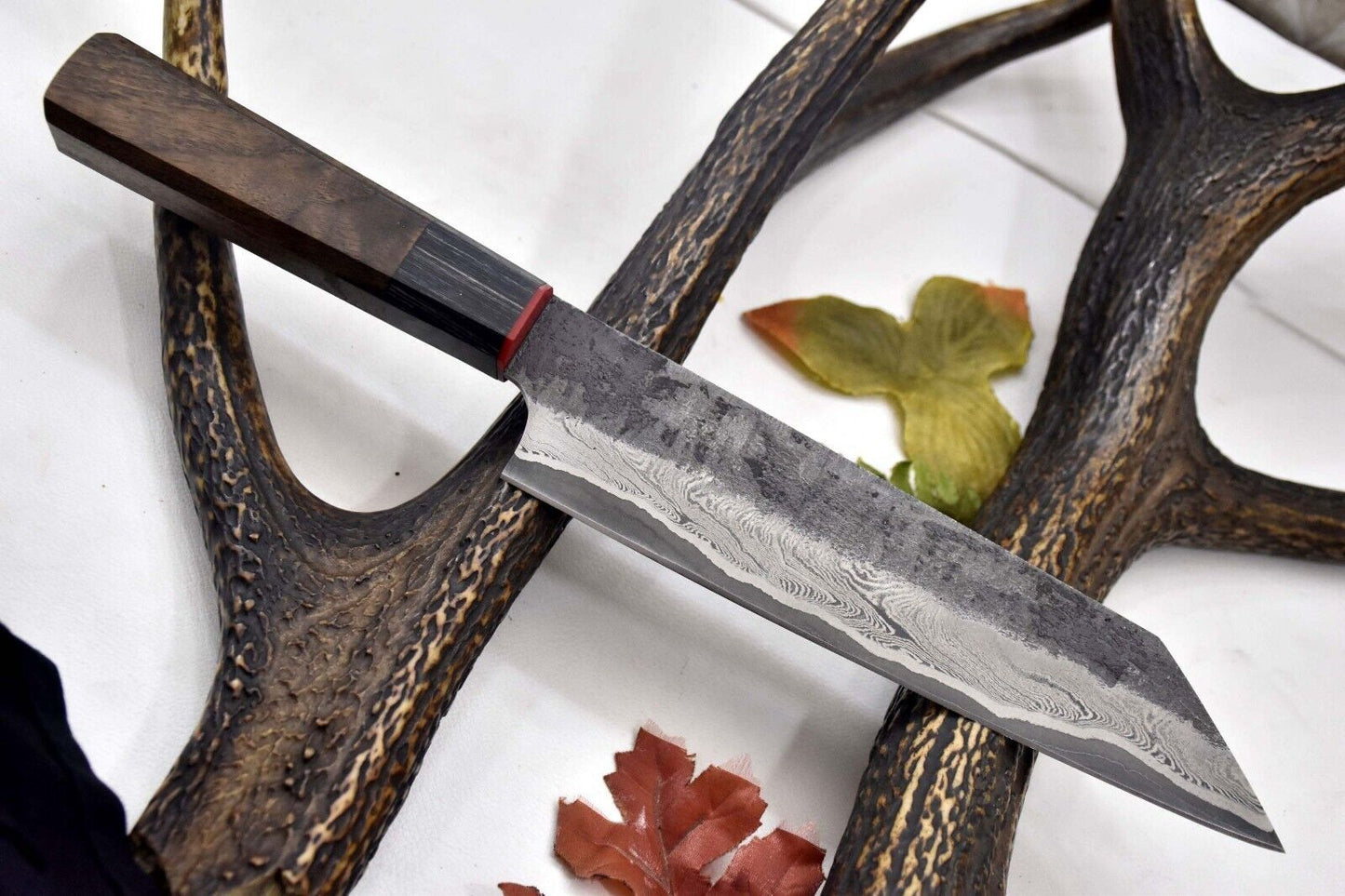 Custom Handmade Hammered San Mai Damascus Steel Chef Knife – Walnut Handle, 13.8" Ladder Pattern Blade