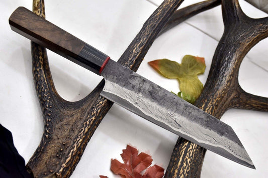 Custom Handmade Hammered San Mai Damascus Steel Chef Knife – Walnut Handle, 13.8" Ladder Pattern Blade
