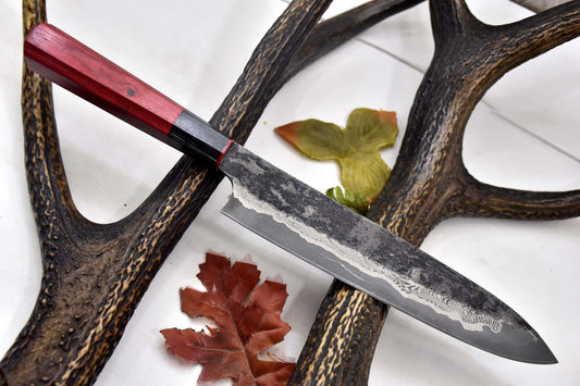 Custom Handmade Hammered San Mai Damascus Steel Chef Knife – Walnut Handle, 14.4" Ladder Pattern Blade