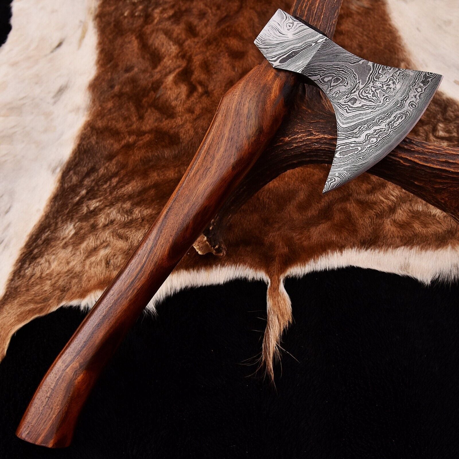 Custom Handmade Hand Forged Damascus Steel Axe Hatchet | Viking Camping Tomahawk with Exotic Wood Handle & Leather Sheath