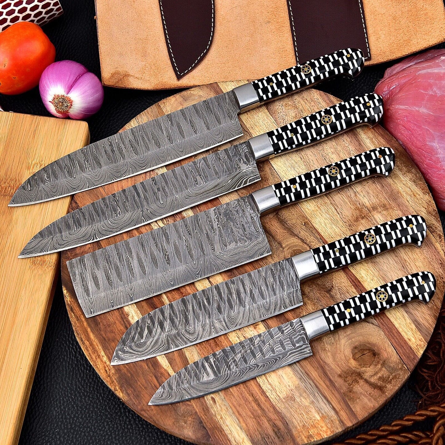 Custom Handmade Hand Forged Damascus Steel Chef Knife Set – 5 Pcs Kitchen Knives