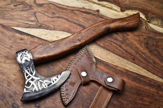 Custom Handmade High Carbon Steel Axe Laser Etched Viking Axe With Sheath 