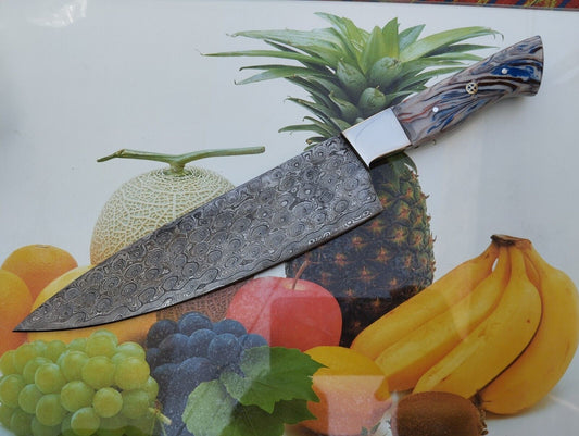 Custom Handmade King’s Damascus Steel Forged Chef Knife – Kitchen Use with Resin Fiber Handle & Leather Sheath