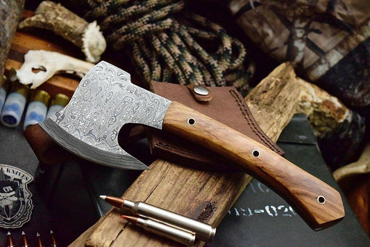 Custom Handmade Ladder Damascus Steel Small Hatchet Axe with Olive Burl Wood Handle