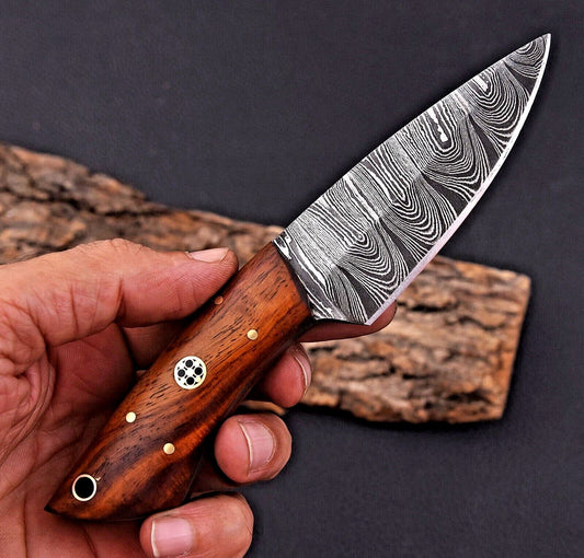 Custom Handmade Raindrop Damascus Hunting Skinner Knife Wood Handle with Sheath