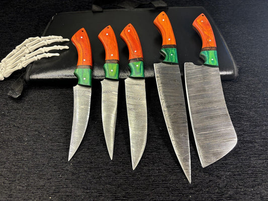 Custom Handmade Twist Damascus Chef Knife Set – Lot of 5 Hardwood Handle Camping Kitchen Knives