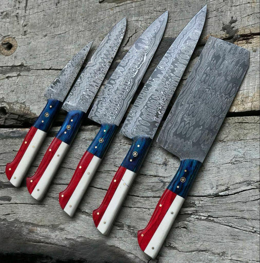 Custom Handmade Twist Damascus Kitchen Knife Set for Chefs With Pakkawood Handle 