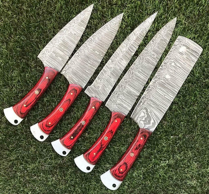 Custom Handmade Twist Damascus Steel Chef Knife Set – 9" to 13" Rosewood Handle