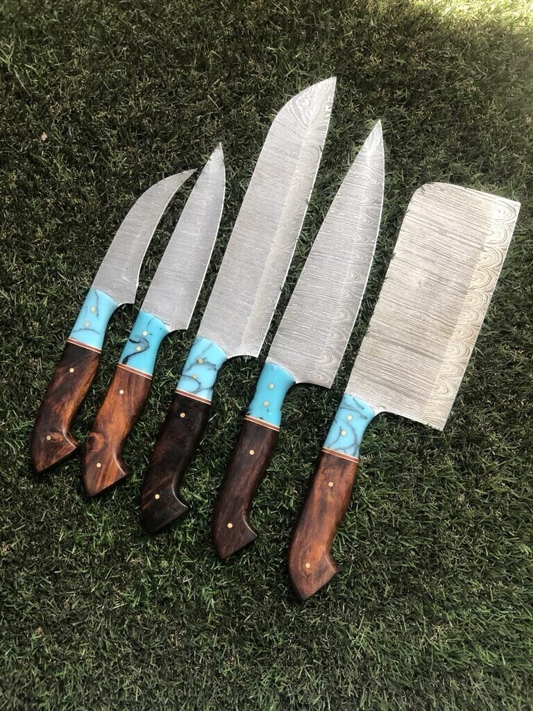 Custom Handmade Twist Damascus Steel Chef Knife Set with Leather Sheath