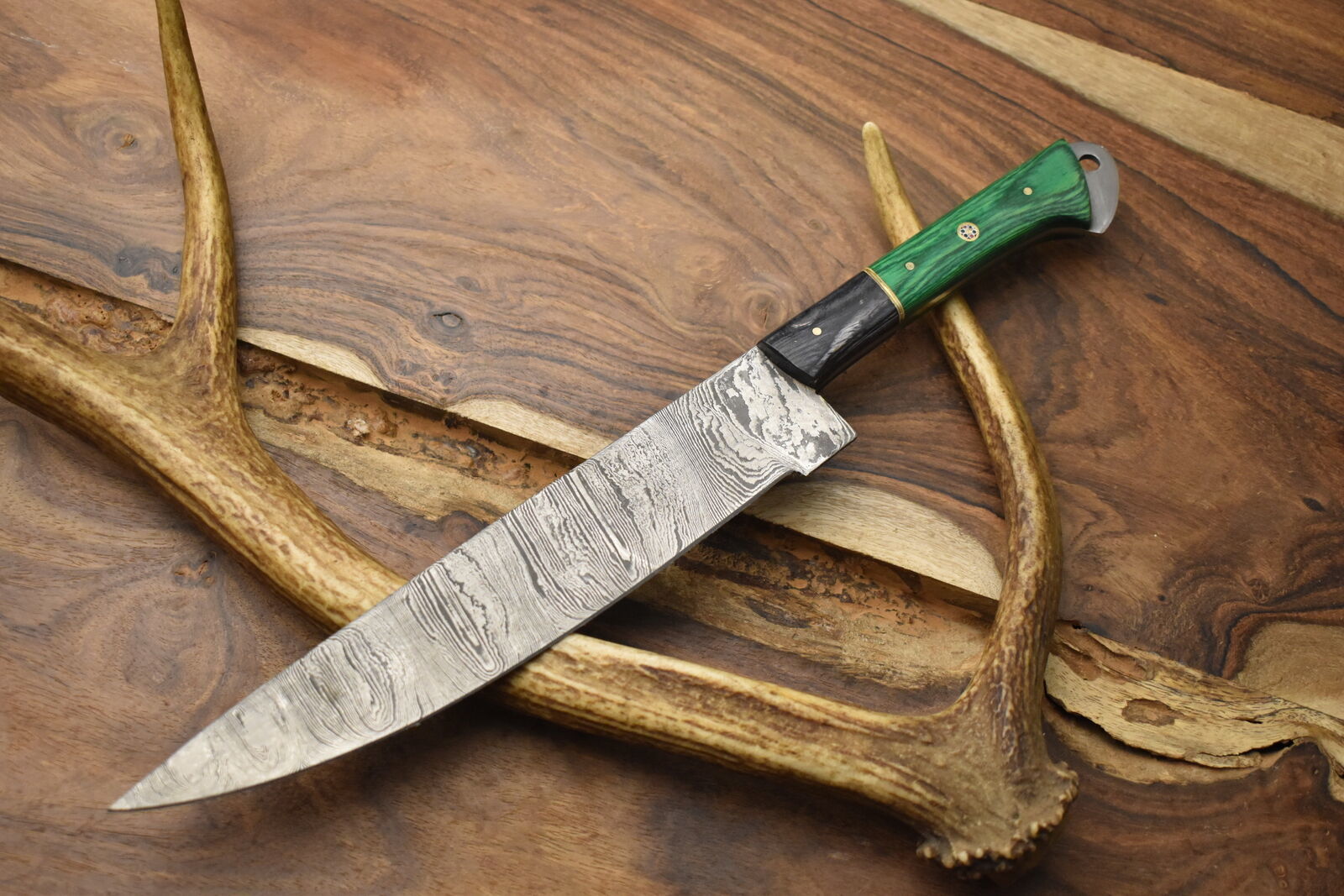 Custom Handmade Twist Pattern Damascus Steel Chef Knife with Pakka Wood Handle & Wooden Bolster – 13" Unique Kitchen Knife