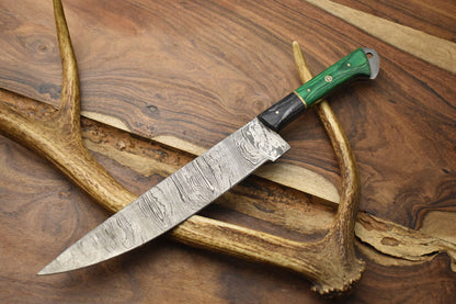 Custom Handmade Twist Pattern Damascus Steel Chef Knife with Pakka Wood Handle & Wooden Bolster – 13" Unique Kitchen Knife