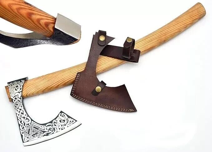Custom Handmade Viking Axe 22 Inch Braided Hunting Tomahawk with Olive Wood Handle and Leather Sheath