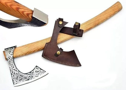 Custom Handmade Viking Axe 22 Inch Braided Hunting Tomahawk with Olive Wood Handle and Leather Sheath