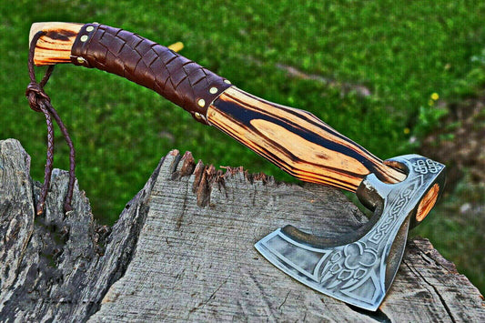 Custom Handmade Viking Axe – Carbon Steel Bearded Camping Hatchet with Rosewood Handle and Sheath
