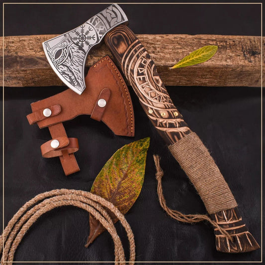 Custom Handmade Viking Axe Carbon Steel Bearded Hatchet with Rosewood Handle and Leather Sheath