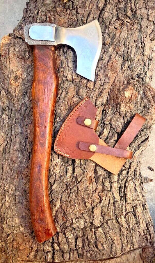 Custom Handmade Viking Axe Carbon Steel Bushcraft Forest Hatchet with Wooden Handle and Leather Sheath