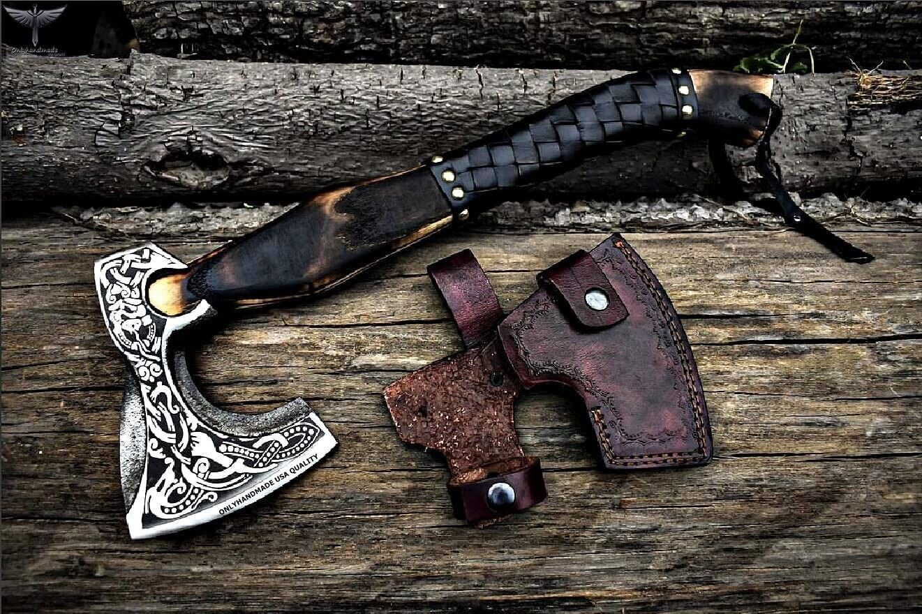 Custom Handmade Viking Bearded Axe Carbon Steel Hatchet with Ash Wood Handle