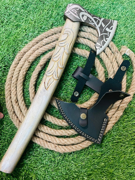 Custom Handmade Viking Tomahawk 20 Inch Carbon Steel Bearded Axe with Wooden Handle and Leather Sheath