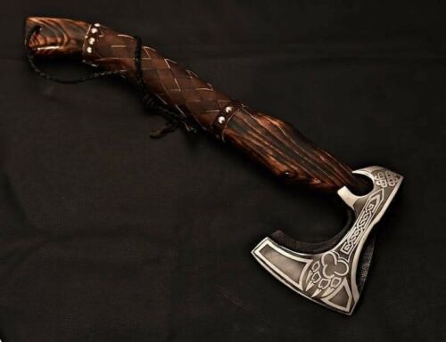 Custom Handmade Viking Tomahawk Axe Carbon Steel Axe with Leather Ash Wood Handle 