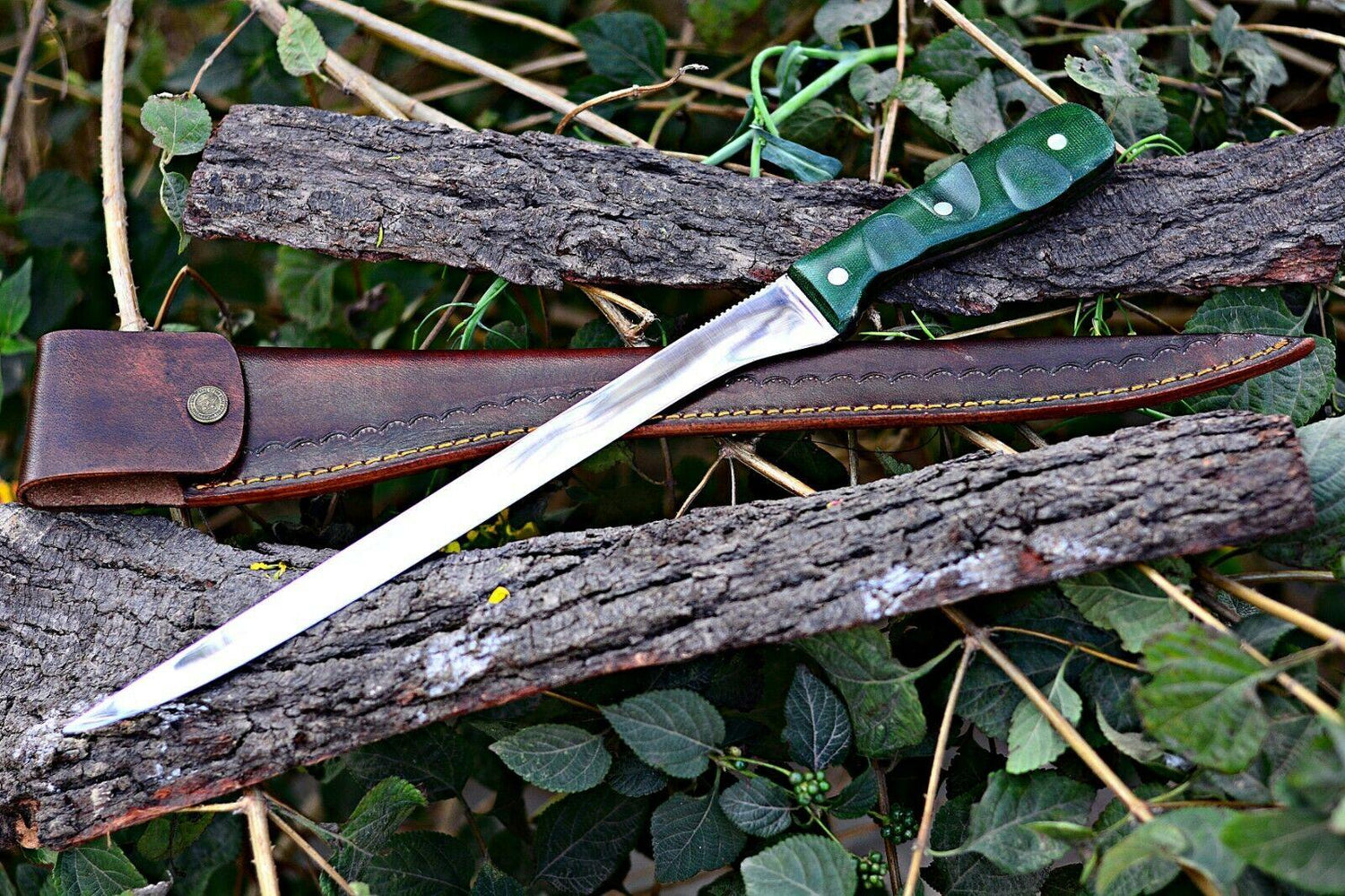 Custom High Carbon Steel Fillet Knife Green Micarta Handle & Leather Sheath Best Fillet Knife 
