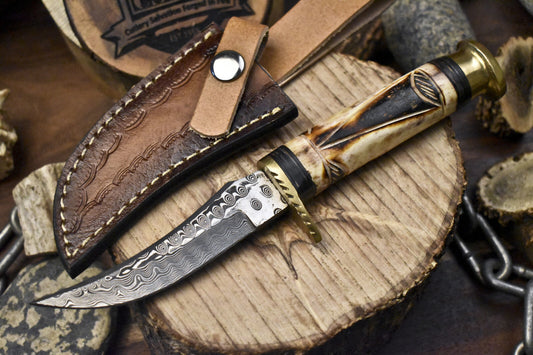 Custom Hunting Skinner Knife Rain Drop Damascus Bone Survival Knife w/ Leather Sheath Handmade Rare