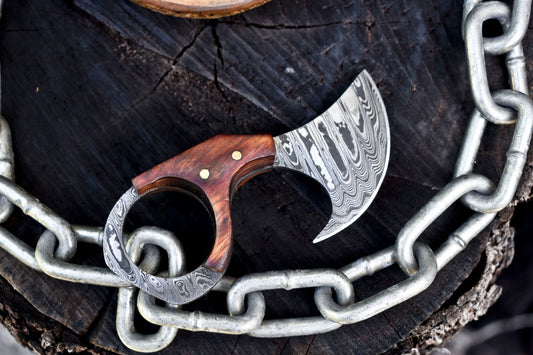 Custom Ladder Damascus Skinner Knife Hardwood Handle Handmade Hunting Blade with Leather Sheath
