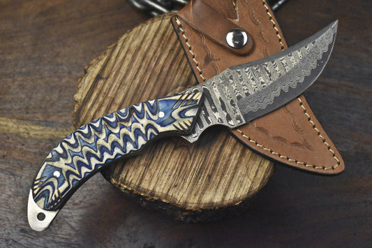 Custom Ladder Damascus Skinner Knife with Hard Wood Handle for Fishing and Veterans Gift