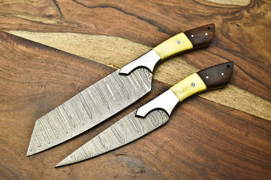 Custom Lot Of 2 Handmade Hammered Damascus Steel Blade Chef Set Knife
