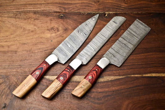 Custom Lot Of 3 Handmade Damascus Steel Blade Chef Set Knife