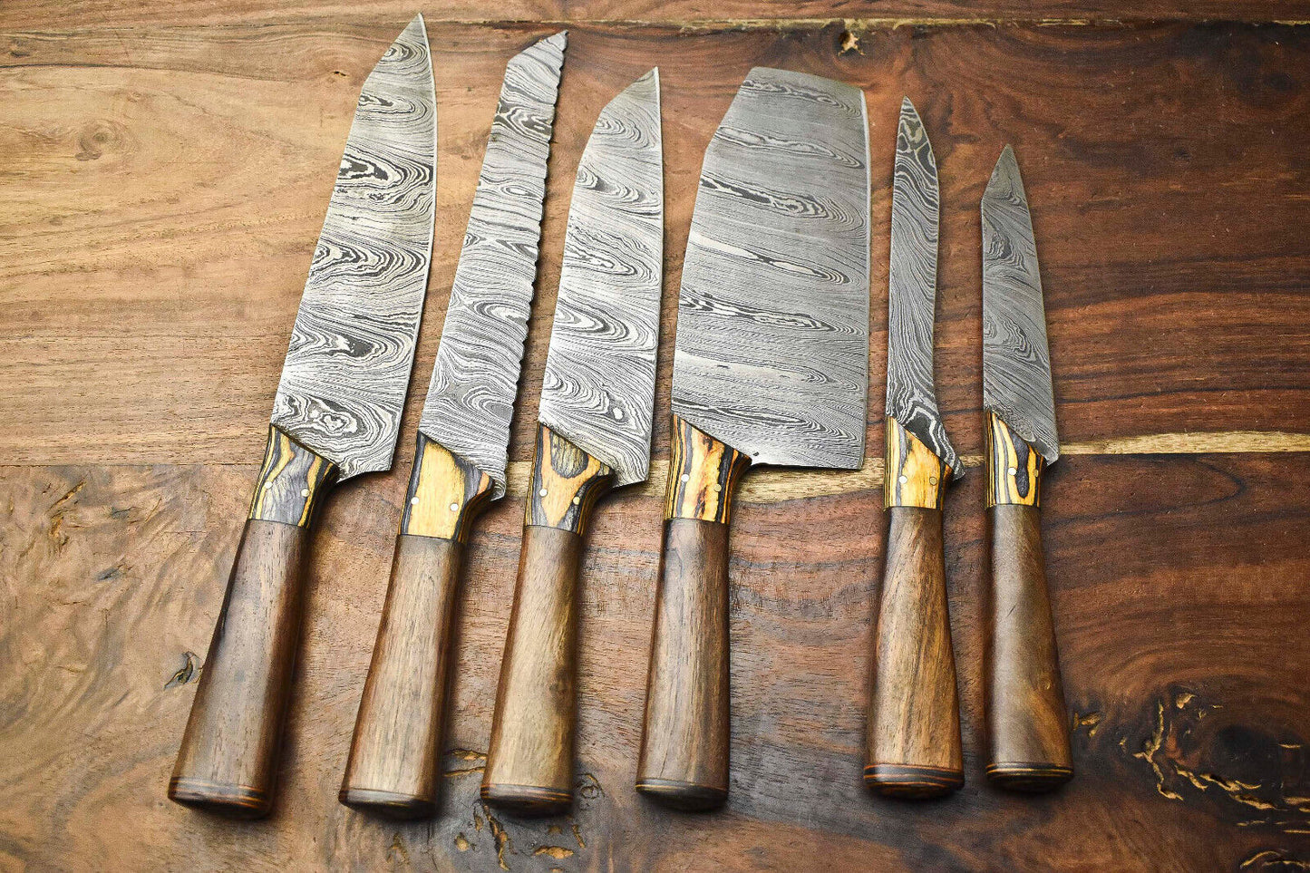 Custom Lot Of 6 Handmade Hammered Damascus Steel Blade Chef Set Knife
