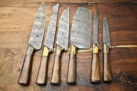 Custom Lot Of 6 Handmade Hammered Damascus Steel Blade Chef Set Knife