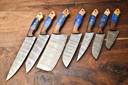 Custom Lot Of 7 Handmade Hammered Damascus Steel Blade Chef Set Knife