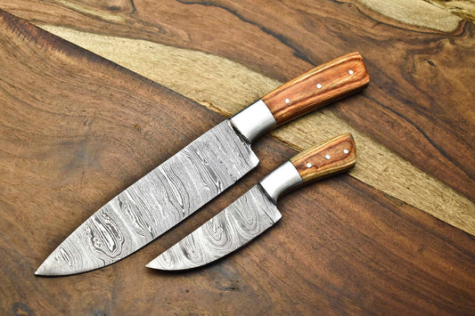 Custom Lot of 2 Handmade Hammered Damascus Steel Blade Chef Knife Set