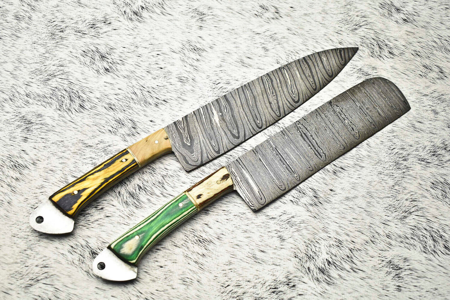 Custom Lot of 2 Handmade Hammered Damascus Steel Chef Knives