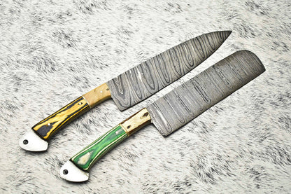 Custom Lot of 2 Handmade Hammered Damascus Steel Chef Knives