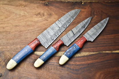Custom Lot of 3 Handmade Hammered Damascus Steel Chef Knives