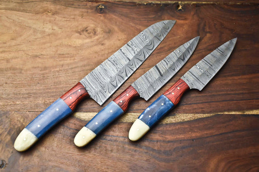 Custom Lot of 3 Handmade Hammered Damascus Steel Chef Knives