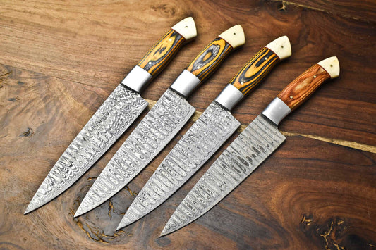 Custom Lot of 4 Handmade Hammered Damascus Steel Blade Chef Knife Set