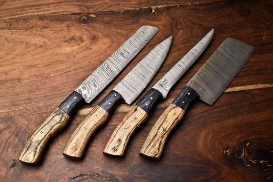 Custom Lot of 4 Handmade Hammered Damascus Steel Blade Chef Knife Set – 100% Handmade, Full Tang