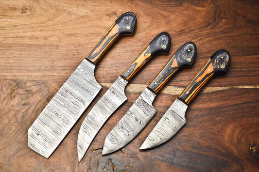 Custom Lot of 4 Handmade Hammered Damascus Steel Blade Chef Knife Set – Full Tang Kitchen Knives