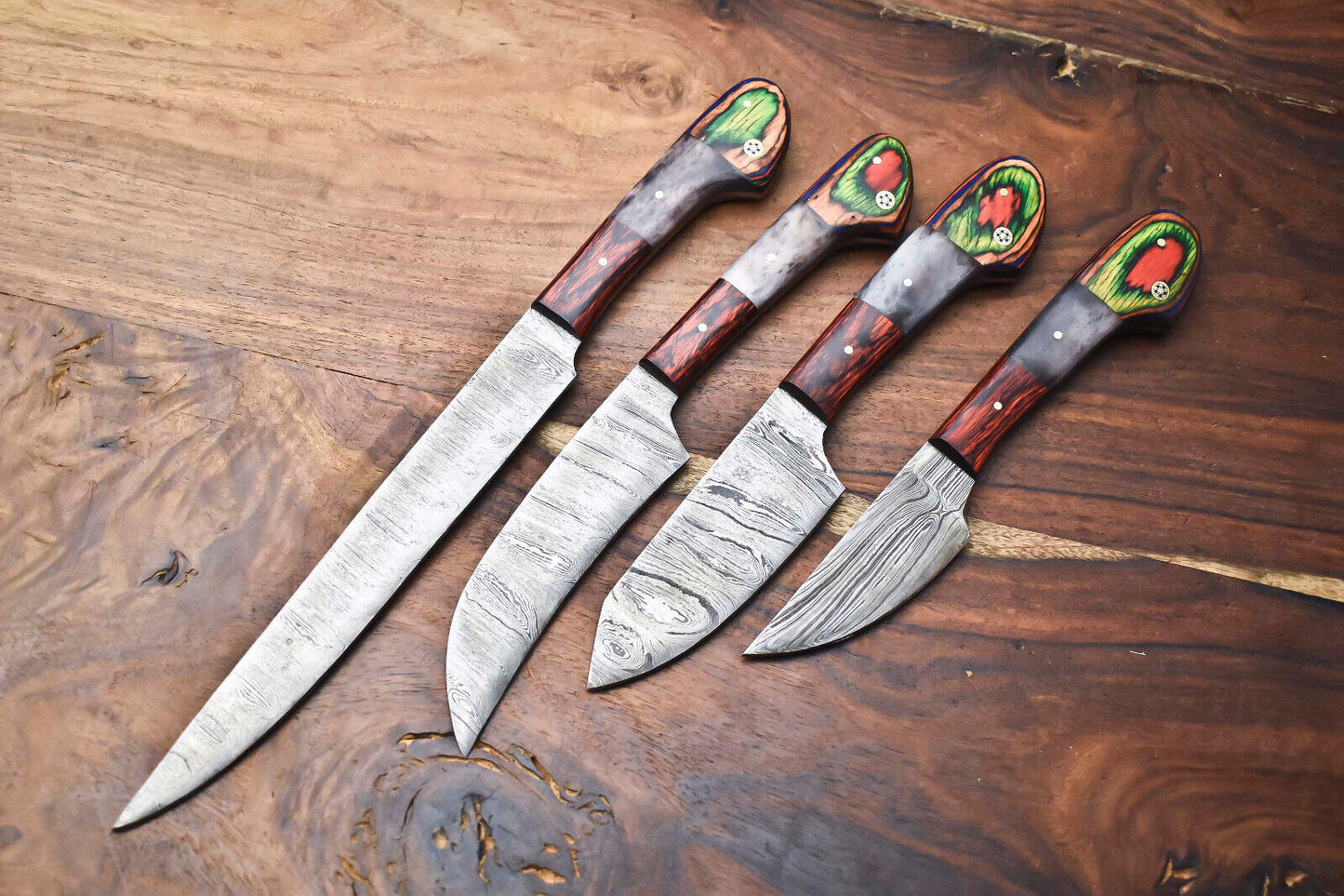 Custom Lot of 4 Handmade Hammered Damascus Steel Blade Chef Set Knives